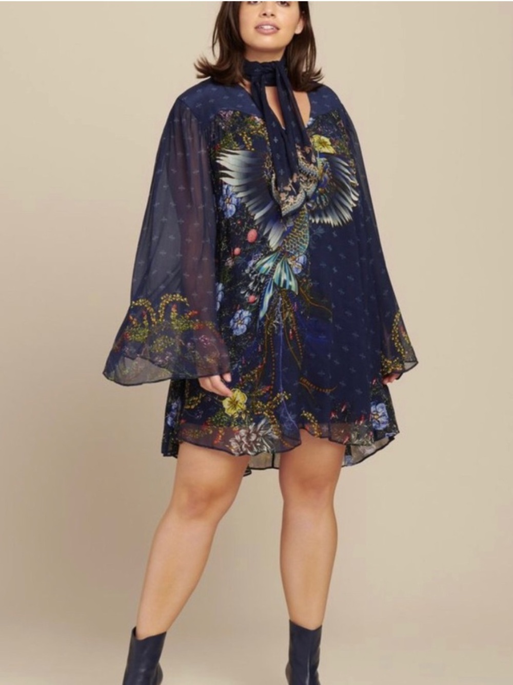 Camilla silk Printed Short Yoke Dress and slip Multi-Color Bird Motif